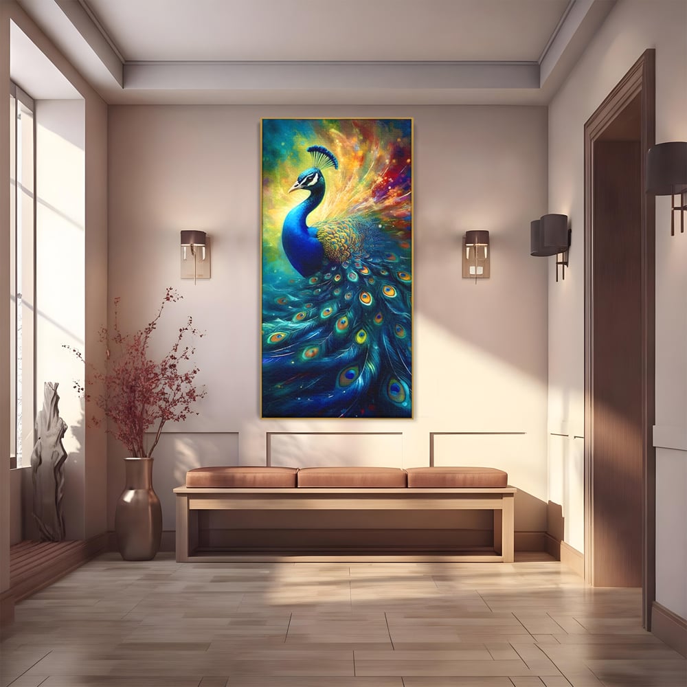 Tablou canvas cu tablou canvas cu paun colorat, in rama de aluminiu auriu